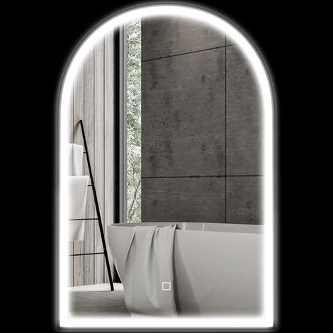 LED-Wandspiegel für Badezimmer, 90 x 60 cm, 3 Farbtemperaturen, gebogener Aluminiumrahmen, beschlagfrei und mit Touch-Schalter