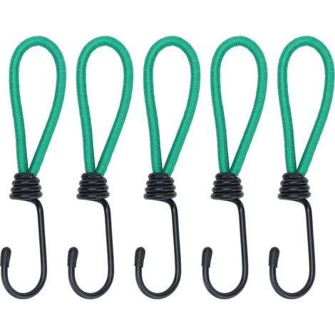 Lot de 5 crochets multifonctionnels portables en corde élastique verte pour la fixation de tentes et auvents de camping. (1/5)