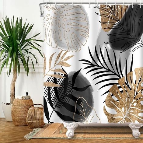 180x180cm Abstract Plant Leaves Shower Curtain Set, Black Gold Monstera Leaf Bathroom Curtain Washable Abstract Tropical Plant Shower Curtains (1/4)