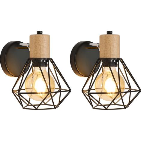 Set of 2 Vintage Industrial Wall Sconces, 360° Adjustable Wooden Wall Lamp, E27 Metal and Iron Cage Wall Light Fixtures for Bedroom Hallway Living Room Max 60W, Black (1/4)