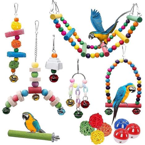 Jouets pour perroquets (lot de 14) : balançoire suspendue, perchoirs à déchiqueter (1/5)