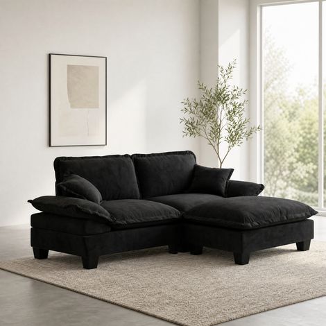 Sofá esquinero modular 194x155x90 cm de chenilla negra con otomana móvil - MEUBLIV (1/5)