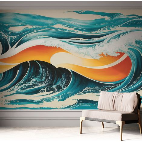 Papier peint adhésif décoratif pour chambre et salon Design moderne à poser facilement Vagues abstraites 312x219 cm (1/5)