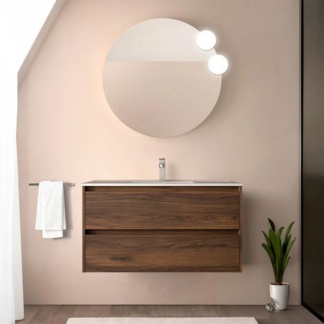 Mobile bagno sospeso 90 cm noce maya con specchio e lavabo Gaya (1/5)