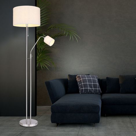 Stehleuchte Wohnzimmer sandfarben Deckenfluter mit Leselampe Stehlampe Stoffschirm Zugschalter, Leseleuchte mit Kippschalter, nickel matt, 1x E27 1x E14, DxH 40x175 cm