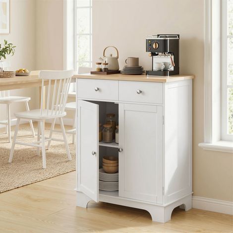 Meuble de rangement buffet salon avec placards à portes, 2 tiroirs et étagère réglable, armoire de rangement pour salon, cuisine, chambre, blanc et bois naturel (1/5)