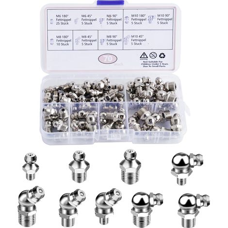 Kit de 70 graisseurs assortis M6, M8 et M10 Graisseurs coniques droits et coudés (45°, 90°, 180°) pour presses à graisse, avec boîte de rangement (1/5)