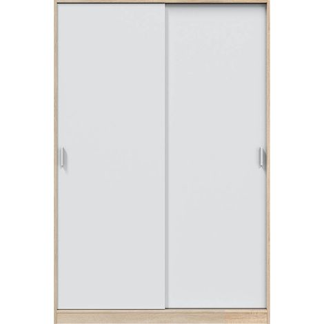 Pegane – Armoire 2 portes coulissantes chêne canadien et blanc artic – Longueur 120 cm x Hauteur 200 cm x Profondeur 50 cm – Barre de penderie amovible (1/5)