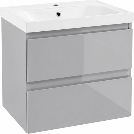 Wandhängender Badezimmerschrank mit Waschbecken, Hochglanzgrau, 60x45x65cm, Diamente (1/5)