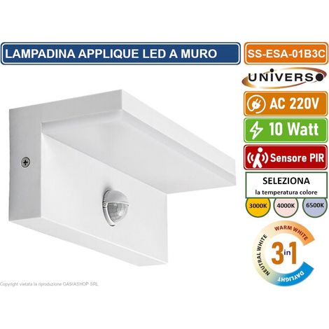APPLIQUE LAMPADA LED DA MURO BIANCA 10W  SMD SENSORE PIR DI MOVIMENTO CCT 3IN1 CAMBIA COLORE DA ESTERNO IP54 (1/5)