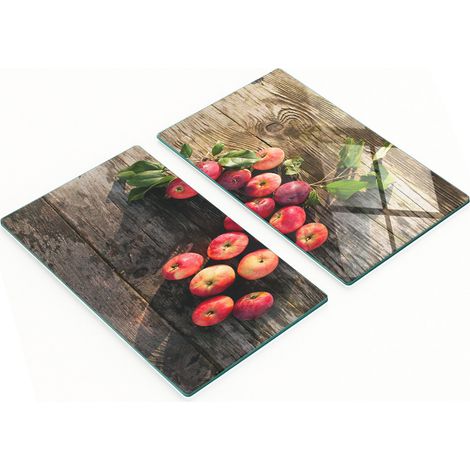 Tablas de cortar de cristal para cocina con estampado de manzanas sobre la mesa, 2 x 30 x 52 cm.