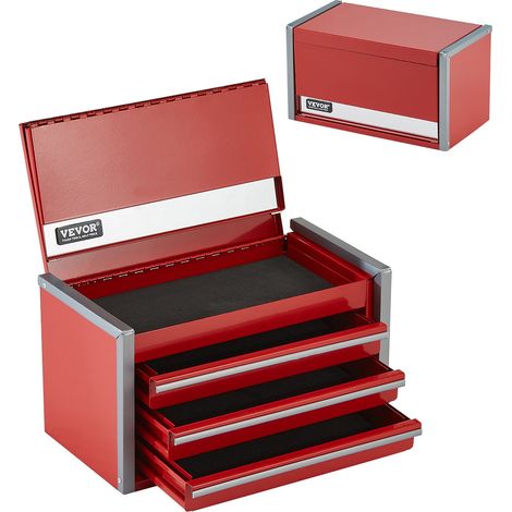 Boîte à Outils Métal, 218,4 mm, Caisse à Outils Acier Portable avec 3 Tiroirs, Petit Coffre Outillage, Doublure EVA, Patins PP, Ouverture à Roulement à Billes, Finition Revêtement Poudre, Rouge (1/5)