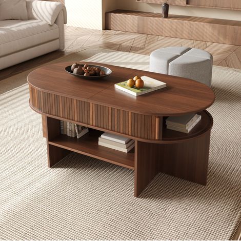 Tavolino ovale contenitore 120x60x51,5 cm in MDF e pannello di particelle, noce, con pouf (1/5)
