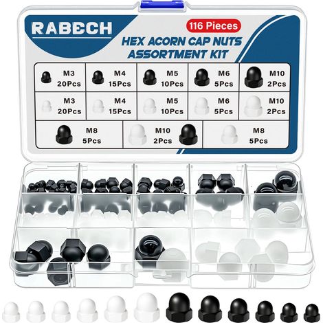 Cache Écrou Boulon Ecrou Borgne Hexagonal Kit 6Tailles 116Pièces M3 M4 M5 M6 M8 M10 Écrous Borgnes Hexagonaux Noir et Blanc Nylon Capuchon pour Vis Boulons Filetés (1/5)