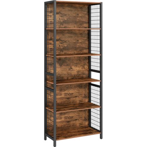 Vasagle – Bibliothèque 6 niveaux en acier – Dimensions 30 x 60 x 175,6 cm – 4 crochets en S pour bureau et salon – Marron rustique et noir d'encre (1/5)