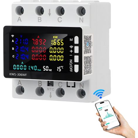 Dreiphasen-WLAN-Stromzähler mit App-Fernsteuerung, 85–290 V, 80 A 9-in-1-Energiezähler, LED-Dreiphasen-Energiezähler für DIN-Schienenmontage mit Überlastschutz (1/5)