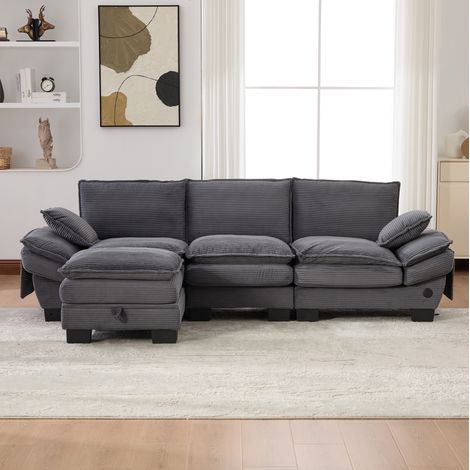 Canapé modulaire 3 places 260x132x84 cm gris foncé en velours côtelé avec ottoman, USB-C et poches latérales (1/5)