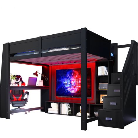 Lit mezzanine 140x200 avec bureau, rangements, escalier coffre et LED, structure bois, chambre enfant gain de place - CHICFURN (1/5)