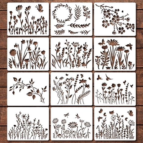 Pochoir Fleurs Réutilisable - Lot de 12 Modèles Lotus Daisy Rose Tournesol Pivoine - Pour Décoration Murale Bois Toile Carton - 15 x 12 cm (1/5)