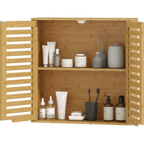 Wandhängender Badezimmerschrank aus Bambus, 60 x 20 x 60 cm, Aufbewahrungseinheit mit verstellbarem Naturholzregal