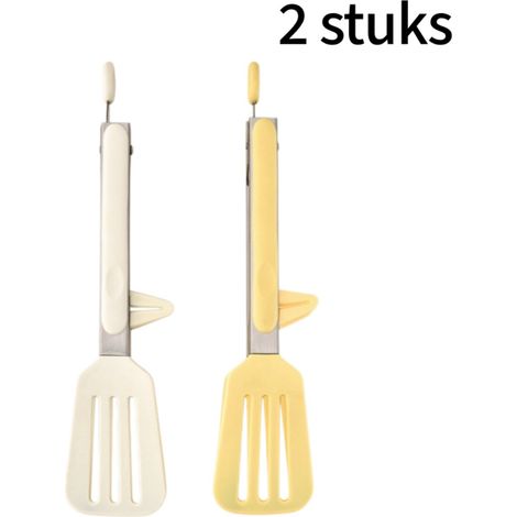 pinces de cuisine en silicone - avec support intégré - antidérapantes et résistantes à la chaleur - 26,3 x 5,5 cm - jaune et blanche (1/5)