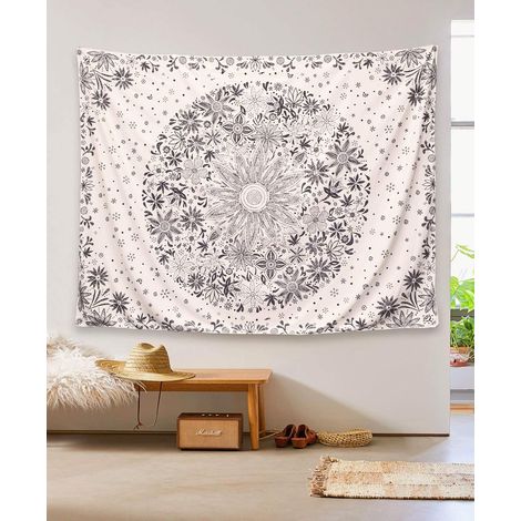 Tenture murale de tapisserie, tapisserie florale blanche beige avec le décor à la maison de chambre à coucher d'impression de médaillon de marguerite (1/2)