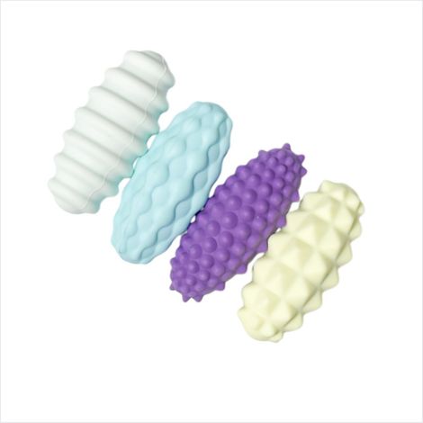 Balles anti-stress magnétiques en silicone - Lot de 4 pour masser le bout des doigts, au bureau, pendant les études ou en voyage  Forme ovale souple et élastique en forme de macaron, aimants intégrés (1/4)