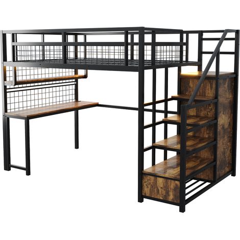 Cama alta de metal 140 x 200 cm con escritorio, armario, estante y LED, negro, MODENUIT (1/5)