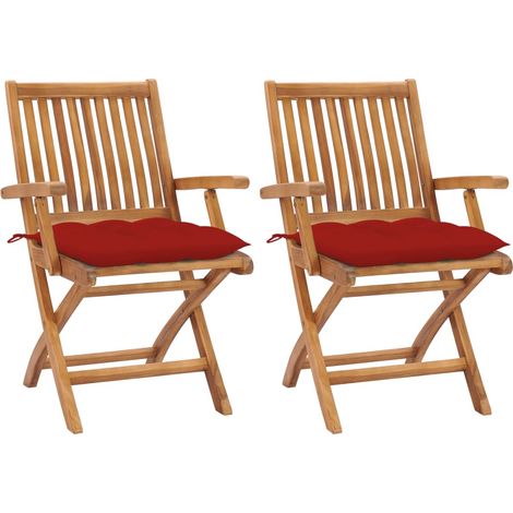 Chaises de jardin 2 pcs avec coussins rouge Bois de teck massif 7 (1/5)