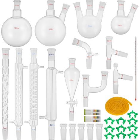 Vevor – Kit de verrerie de laboratoire 32 pièces – Verre borosilicate 3,3 – Joints standard 24/40 – Flacons 250/500/1000 mL – Condenseur Liebig - 32PCS