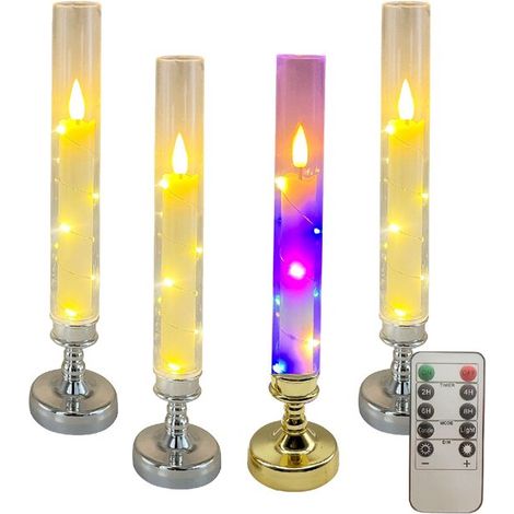 Bougies LED Longziming, lot de 4, avec télécommande et minuterie – Lumière vacillante sur pied – Décoration d'ambiance pour intérieur et extérieur – Argent (1/5)