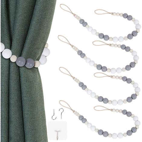 Lot de 4 embrasses de rideaux, perles en bois naturel, corde en cuir, crochets inclus, pour chambre à coucher et salon (1/5)