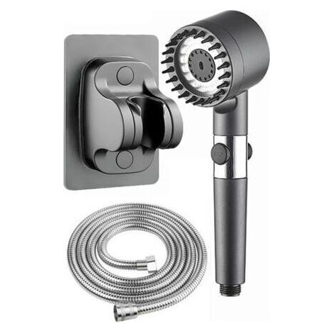 Pommeau de douche anticalcaire, pommeau de douche haute pression avec flexible de douche de 1,5 m et support de douche, douchette à main avec 4 modes de jet, gris clair (1/5)
