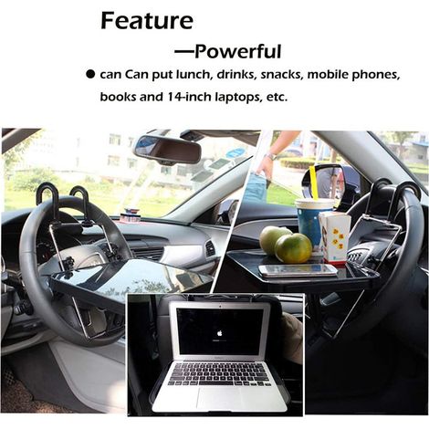 Bureau d'ordinateur de voiture multifonction pliable, support pour ordinateur portable et table pour repas et boissons avec porte-gobelets. (1/4)