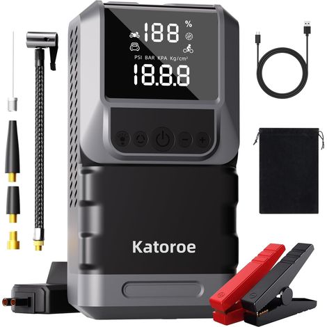 Booster Batterie avec Compresseur, 6000A Démarreur Batterie Voiture, 150PSI Gonfleur de Pneus, 12V Jump Starter, 10L Gaz ou 10L Diesel, Écran LED, Eclairage de Secours (1/5)