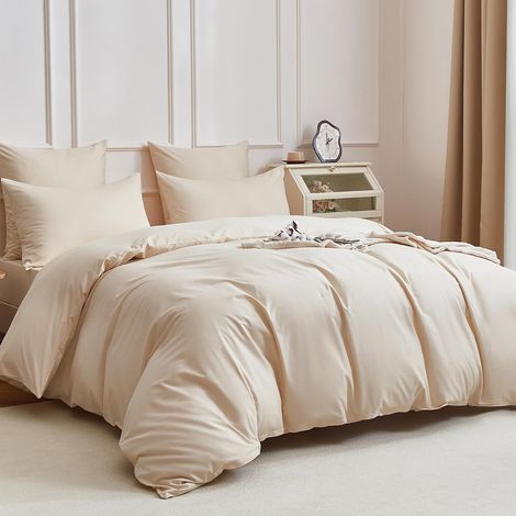 Parure de lit 3 pièces 200 x 220 cm - Beige uni - 100 % coton peigné - Lisse - Brillant - Doux et respirant - Avec fermeture éclair et 2 taies d'oreiller de 80 x 80 cm (1/5)