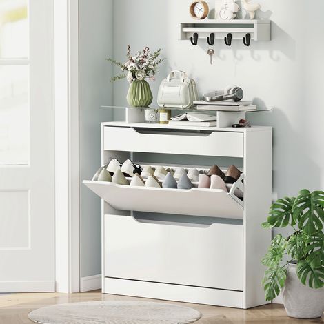 Armoire à Chaussures avec 2 Tiroirs Rabattables + 1 Tiroir Coulissant + 1 Comptoir et 1 Plateau en Verre blanc (1/5)