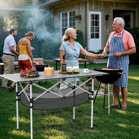 Table de Camping Pliante pour Patio Table de Pique-nique Portable avec Plateau Roulable en Aluminium et Panier Table Légère Argent (1/2)