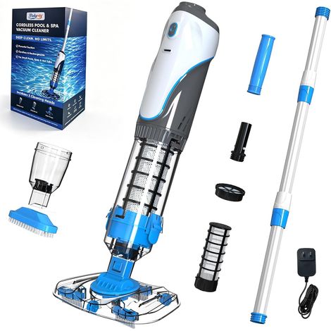 Aspirateur Piscine à Batterie, Aspirateur de Spa sans Fil Aspirateur Balai Piscine Hors Sol, Nettoyeur Électrique pour Spa, Jacuzzi, Petite Piscine, Double Filtration, Bleu (1/5)
