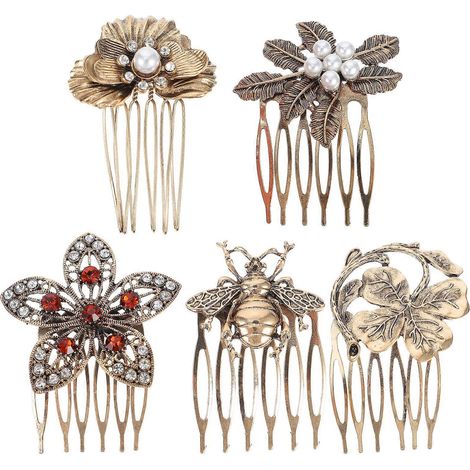 Lot de 5 peignes à cheveux vintage, pinces de fixation tendance pour femmes-6.00X4.00X1.00CM-Golden (1/4)