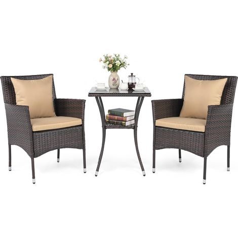 COSTWAY Set Di Mobili Da Patio 3 Pezzi,Set Di Mobili In Rattan Per Esterni,Set Da Conversazione Da Esterno,Tavolo E Sedie Bistro In Rattan,Set Di Mobili Per B (1/5)