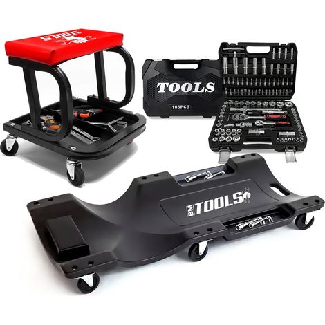 Tabouret Roulant BM TOOLS, Plateau Outils de Rangement avec Chariot de visite et Coffret 108 outils, PACK Garagiste, Mécano Auto