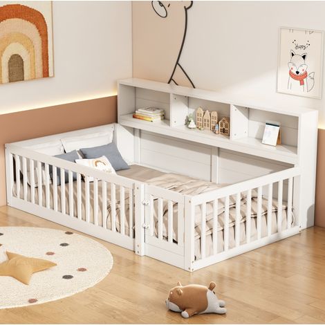 Lit chambre rangement sécurisé 90x200 pin blanc OKMYHOME (1/5)