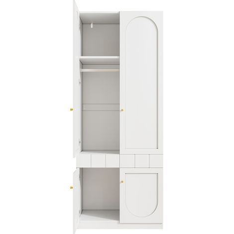 Armoire à deux portes, armoire laquée, armoire avec penderie et tiroirs, mobilier de chambre, poignées en métal, blanc. (1/5)