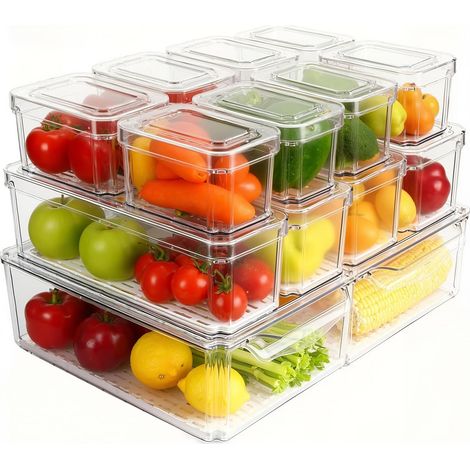 Youyijia 14-teiliges Kühlschrank-Organizer Set mit Deckeln Stapelbare Aufbewahrungsbehälter aus BPA-freiem Kunststoff, 3 Größen mit Ablauflöchern für Frischhaltung (Set of 14) (1/5)