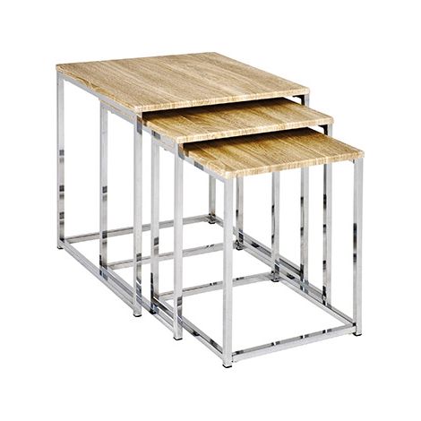 Lot de 3 tables gigognes 29, 34 et 39 cm chêne clair et chromé