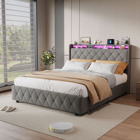 Bett 140x200 cm - Grau - Gepolstert mit Knopfheftung - Integrierte LED - 4 Schubladen