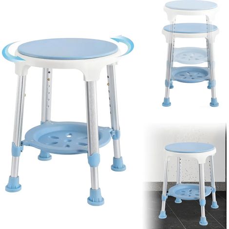 Tabouret de douche pivotant TWOLIIN, réglable en hauteur, antidérapant, aide à la douche, chaise de douche avec étagère, siège de salle de bain pour seniors (1/5)