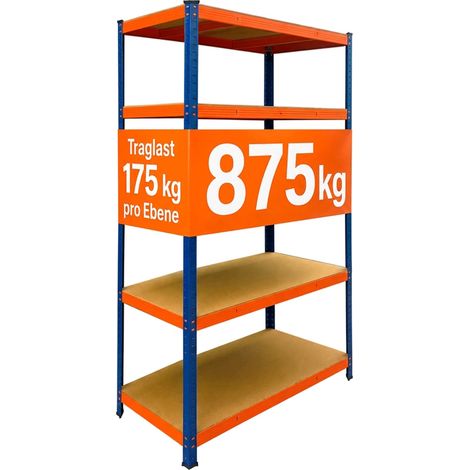 Relaxdays Schwerlastregal, HBT: 200x120x60cm, Traglast 875 kg, 5 MDF-Ebenen, Lagerregal Keller, zum Stecken, blau-orange (1/5)