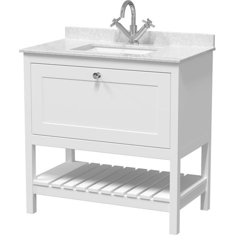 Balterley Coppenhall Bathroom Floor Standing 1 Drawer Vanity & Single Bowl 1 Tap Hole Marble Top, Pure White/White, 820mm (1/4)